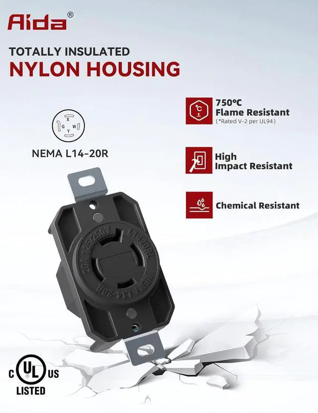 Alt view image 3 of 7 - AIDA NEMA L14-20R Flush Mounting Locking Receptacle, Twist-Lock Generator Outlet, 20 Amp, 125/250 Volt, 3-Pole, 4-Wire Grounding, Heavy Duty Turnlock Socket, Industrial Grade, UL Listed