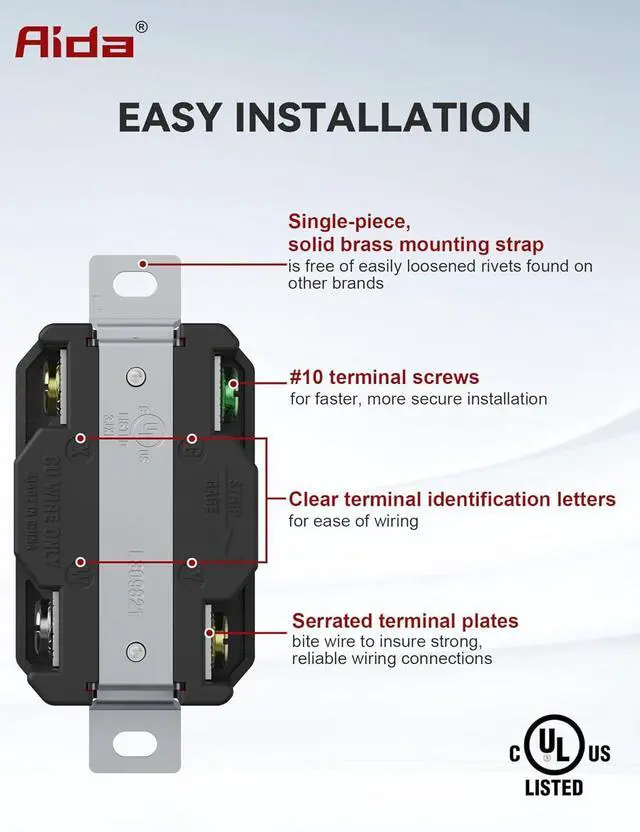 Alt view image 5 of 7 - AIDA NEMA L14-20R Flush Mounting Locking Receptacle, Twist-Lock Generator Outlet, 20 Amp, 125/250 Volt, 3-Pole, 4-Wire Grounding, Heavy Duty Turnlock Socket, Industrial Grade, UL Listed
