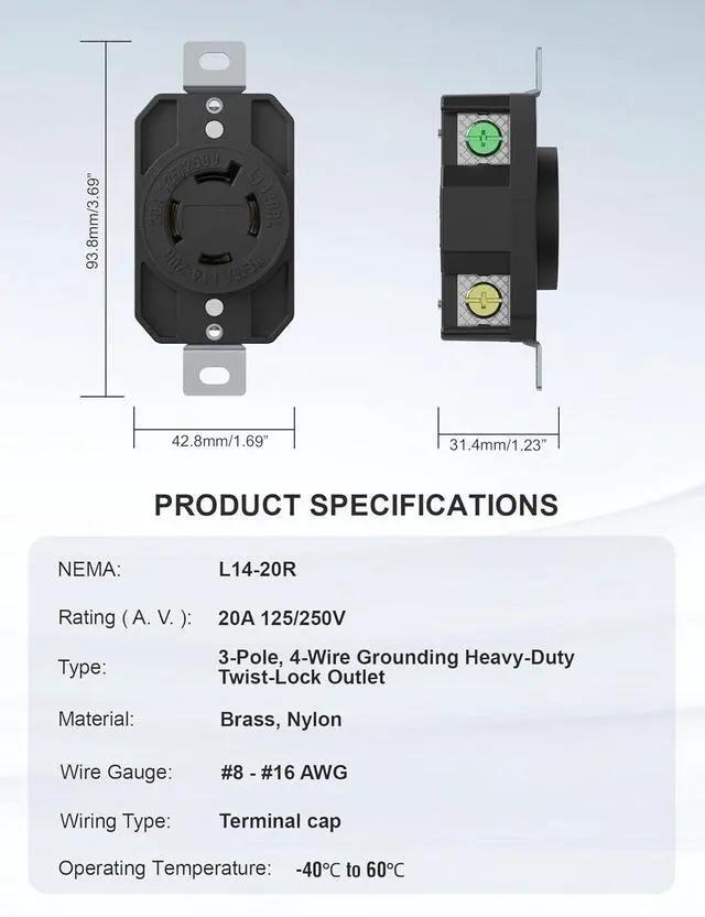 Alt view image 7 of 7 - AIDA NEMA L14-20R Flush Mounting Locking Receptacle, Twist-Lock Generator Outlet, 20 Amp, 125/250 Volt, 3-Pole, 4-Wire Grounding, Heavy Duty Turnlock Socket, Industrial Grade, UL Listed