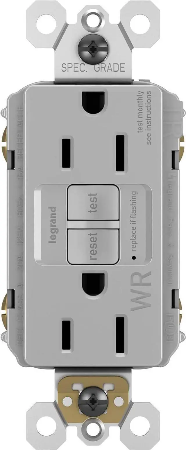 Main image of Legrand Radiant 1597TRWRGRYCCD4 15 Amp Outdoor GFCI Self Test Tamper Resistant Weather Resistant Decorator Duplex Outlet, Gray (1 Count)