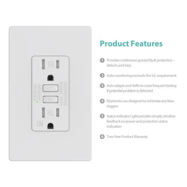 Alt view image 2 of 7 - WEBANG GFCI Outlets, Tamper-Resistant and Weather-Resistant, GFCI Receptacle with LED Indicator, Screwless Wall Plates with Thinner Design, 15 Amp/125 Volt, ETL Listed, Matte White, 10 Pack