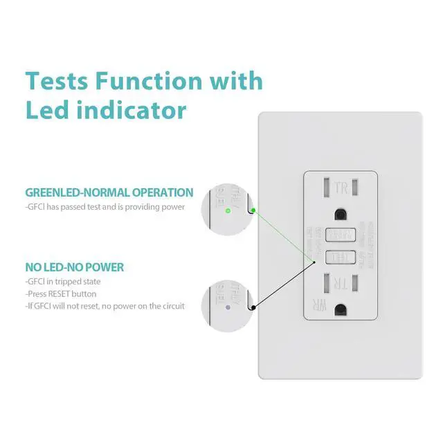 Alt view image 3 of 7 - WEBANG GFCI Outlets, Tamper-Resistant and Weather-Resistant, GFCI Receptacle with LED Indicator, Screwless Wall Plates with Thinner Design, 15 Amp/125 Volt, ETL Listed, Matte White, 10 Pack
