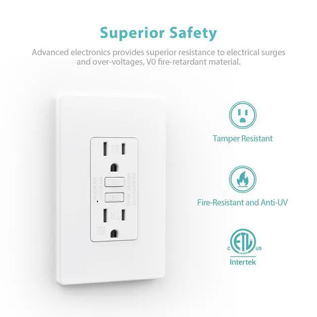 Alt view image 4 of 7 - WEBANG GFCI Outlets, Tamper-Resistant and Weather-Resistant, GFCI Receptacle with LED Indicator, Screwless Wall Plates with Thinner Design, 15 Amp/125 Volt, ETL Listed, Matte White, 10 Pack