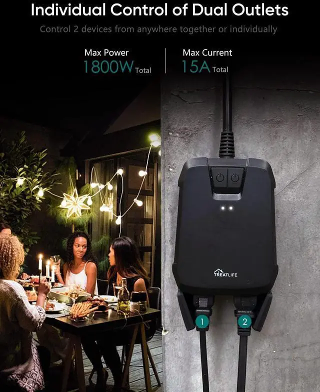 Alt view image 2 of 7 - TREATLIFE Outdoor Smart Plug with 2 Individual Control Outlets, IP64 Weather Resistance, Smart Home Outlet Timer Compatible with Alexa, Google Home and SmartThings, 2.4GHz WiFi Only, No Hub Required