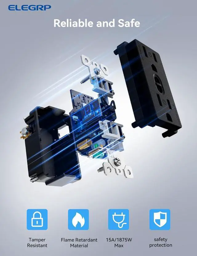 Alt view image 5 of 7 - ELEGRP Smart Plug, Smart in-Wall Outlet Compatible with Alexa and Google Assistant, 2.4GHz Wi-Fi Smart Receptacle with Energy Monitoring, No Hub Required, UL Listed, Black, 1 Pack