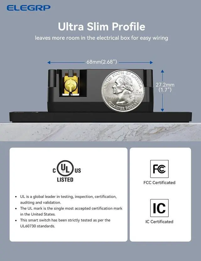 Alt view image 7 of 7 - ELEGRP Smart Plug, Smart in-Wall Outlet Compatible with Alexa and Google Assistant, 2.4GHz Wi-Fi Smart Receptacle with Energy Monitoring, No Hub Required, UL Listed, Black, 1 Pack