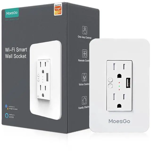 Main image of MoesGo Smart Power Wall Outlet with USB, WiFi Socket with 2 Plug outlets 15 Amp Divided Control, Smart Life/Tuya APP Remote Controller, ETL Certified, Work with Alexa and Google Home, No Hub Required