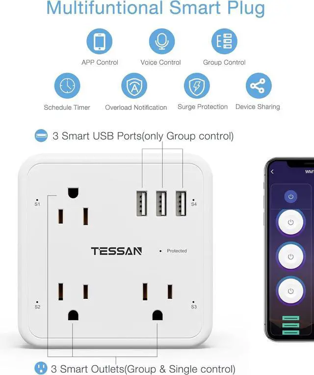 Alt view image 2 of 6 - Smart Plug Outlet Extender Compatible with Alexa Google Home, TESSAN WiFi Plug with 3 Smart Outlets 3 USB Ports, Wall Surge Protector Power Strip 900J, Voice and Smartlife Control, Only 2.4 GHz Wi-Fi