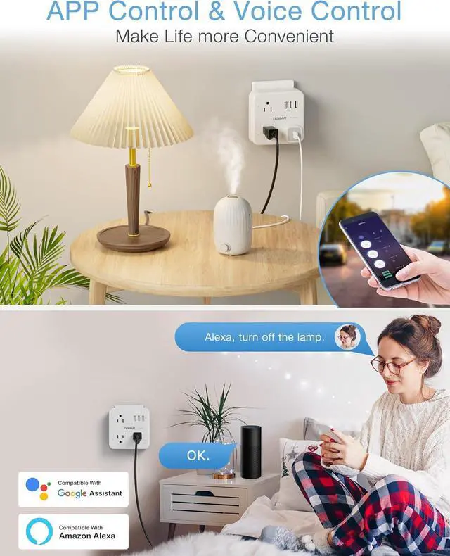 Alt view image 3 of 6 - Smart Plug Outlet Extender Compatible with Alexa Google Home, TESSAN WiFi Plug with 3 Smart Outlets 3 USB Ports, Wall Surge Protector Power Strip 900J, Voice and Smartlife Control, Only 2.4 GHz Wi-Fi