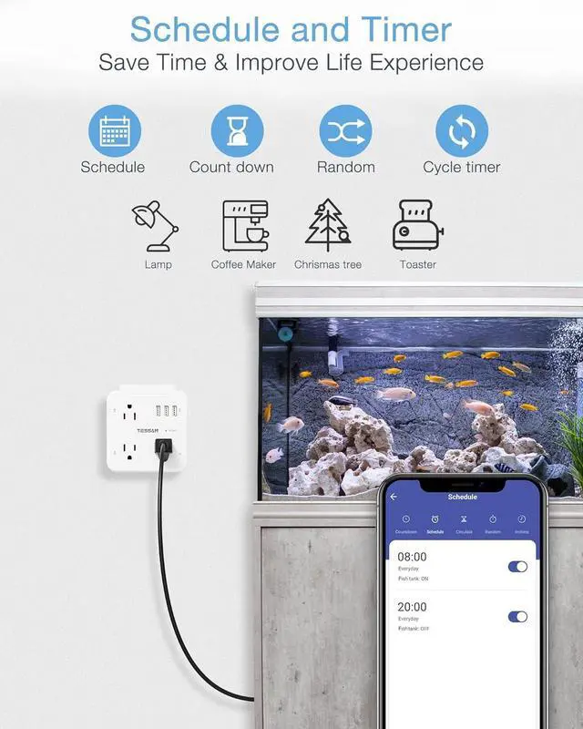 Alt view image 4 of 6 - Smart Plug Outlet Extender Compatible with Alexa Google Home, TESSAN WiFi Plug with 3 Smart Outlets 3 USB Ports, Wall Surge Protector Power Strip 900J, Voice and Smartlife Control, Only 2.4 GHz Wi-Fi
