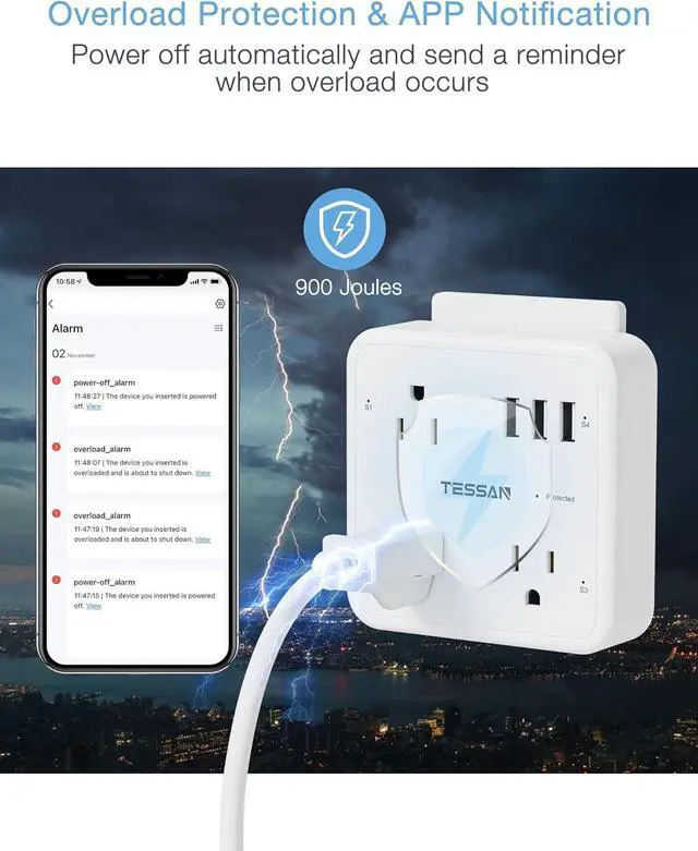 Alt view image 5 of 6 - Smart Plug Outlet Extender Compatible with Alexa Google Home, TESSAN WiFi Plug with 3 Smart Outlets 3 USB Ports, Wall Surge Protector Power Strip 900J, Voice and Smartlife Control, Only 2.4 GHz Wi-Fi