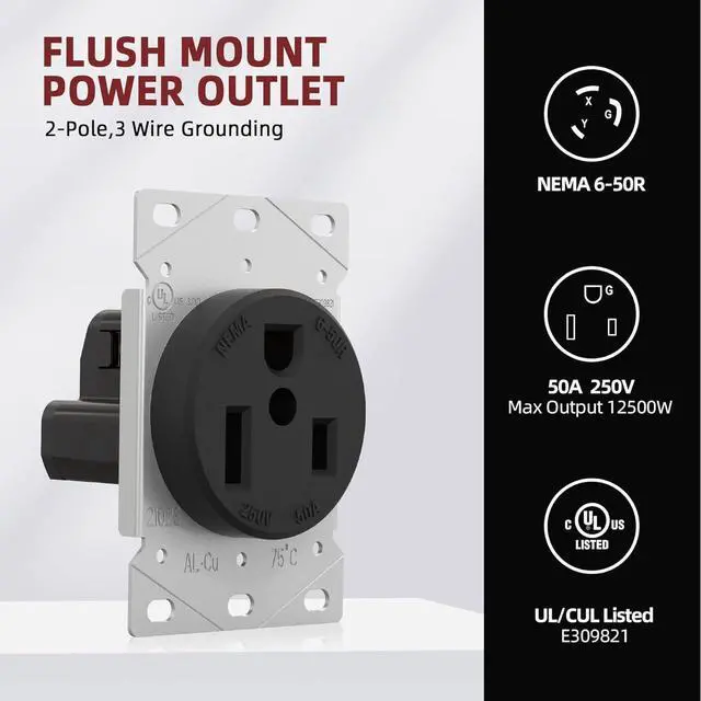 Alt view image 2 of 6 - NEMA 6-50R Receptacle 50A 250V Female Outlet 50 Amp 250 Volts Heavy Duty Industrial Grade Grounded Flush Mount Range Power Outlet for Welder, Plasma Cutter, EV Charger, UL Listed
