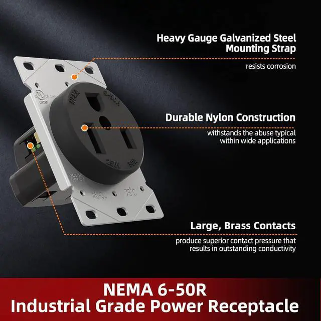 Alt view image 3 of 6 - NEMA 6-50R Receptacle 50A 250V Female Outlet 50 Amp 250 Volts Heavy Duty Industrial Grade Grounded Flush Mount Range Power Outlet for Welder, Plasma Cutter, EV Charger, UL Listed