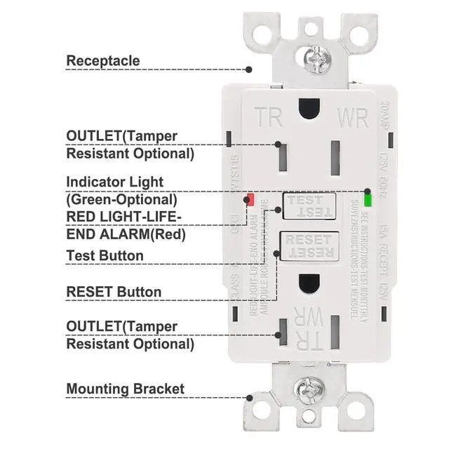 Alt view image 3 of 6 - Baomain GFCI Outlet Receptacle 15Amp. 120VAC 60Hz Weather-Resistant, Ground Fault Circuit Interruptor, GFI UL&CUL Listed White
