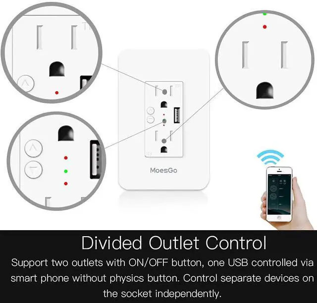 Alt view image 5 of 7 - MoesGo Smart Power Wall Outlet with USB, WiFi Socket with 2 Plug outlets 15 Amp Divided Control, Smart Life/Tuya APP Remote Controller, ETL Certified, Work with Alexa and Google Home, No Hub Required