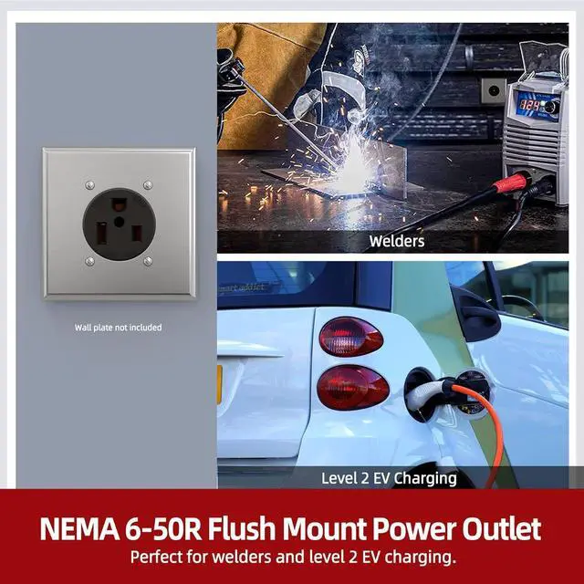Alt view image 6 of 6 - NEMA 6-50R Receptacle 50A 250V Female Outlet 50 Amp 250 Volts Heavy Duty Industrial Grade Grounded Flush Mount Range Power Outlet for Welder, Plasma Cutter, EV Charger, UL Listed