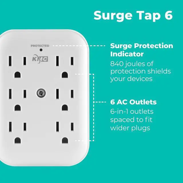 Alt view image 2 of 7 - KMC Surge Tap 6-Outlet Wall Plug Extender 2-Pack, 840J Surge Protector Outlet, Wall Outlet Extender, Multi Plug Outlet Splitter, Multiple Plug Outlet Adapter, ETL/UL Certified, White