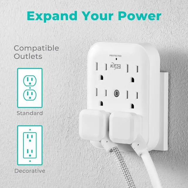 Alt view image 6 of 7 - KMC Surge Tap 6-Outlet Wall Plug Extender 2-Pack, 840J Surge Protector Outlet, Wall Outlet Extender, Multi Plug Outlet Splitter, Multiple Plug Outlet Adapter, ETL/UL Certified, White