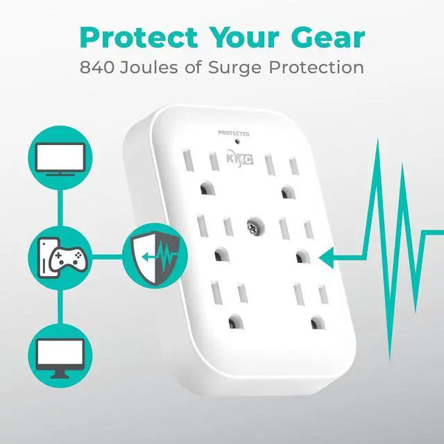 Alt view image 7 of 7 - KMC Surge Tap 6-Outlet Wall Plug Extender 2-Pack, 840J Surge Protector Outlet, Wall Outlet Extender, Multi Plug Outlet Splitter, Multiple Plug Outlet Adapter, ETL/UL Certified, White