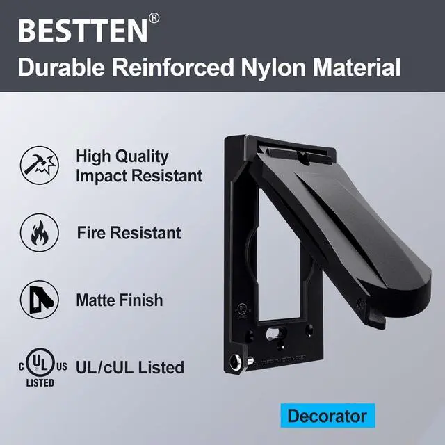 Alt view image 2 of 5 - [3 Pack] BESTTEN Outdoor Outlet Cover for GFCI and Decor Receptacle, Weather Proof, Vertical/Horizontal Auto-Closing Lid, UL Listed, Black, H4.65 x W2.87 x D0.71
