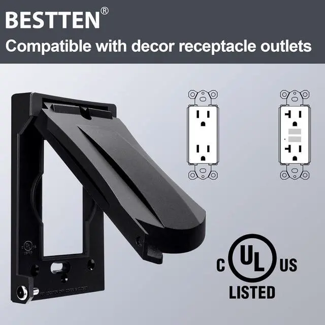 Alt view image 4 of 5 - [3 Pack] BESTTEN Outdoor Outlet Cover for GFCI and Decor Receptacle, Weather Proof, Vertical/Horizontal Auto-Closing Lid, UL Listed, Black, H4.65 x W2.87 x D0.71