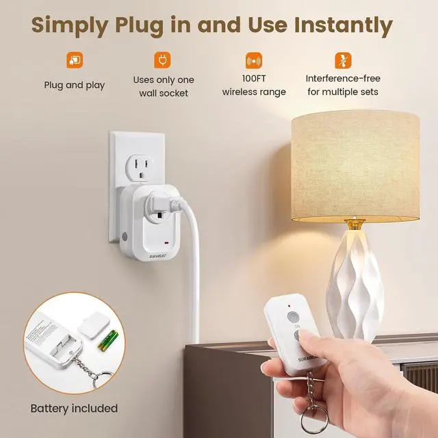 Alt view image 2 of 7 - SURAIELEC Remote Control Outlet, 100FT Long Range Wireless Light Switch, No Interference, Indoor Plug for Lamps, Fans, Christmas Trees, Small Appliances
