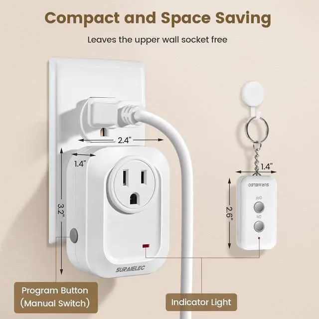 Alt view image 6 of 7 - SURAIELEC Remote Control Outlet, 100FT Long Range Wireless Light Switch, No Interference, Indoor Plug for Lamps, Fans, Christmas Trees, Small Appliances