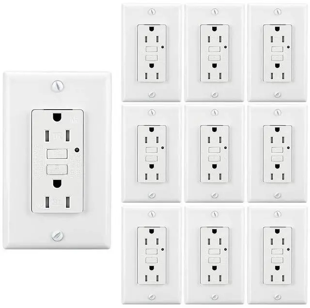 Main image of LEOD 15Amp TR&WR GFCI Outlet, 125 Volt Tamper Resistant & Weather Resistant Receptacle with Blue LED Indicator, 20 Pcs Wall Plate and Screws Included, White, ETL Listed (10 Pack)
