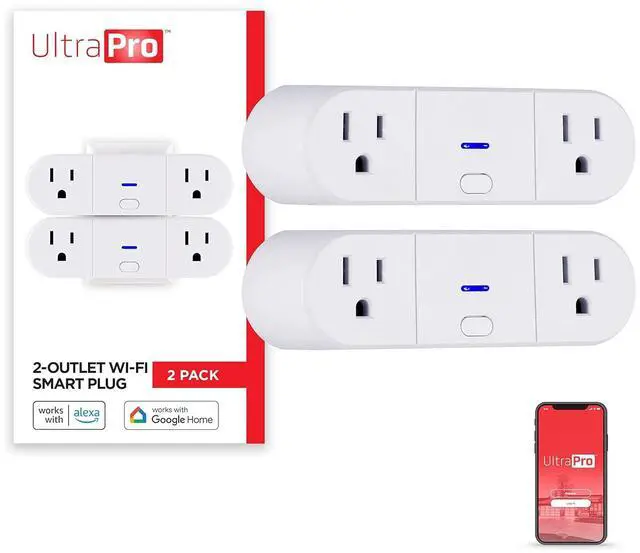 Main image of UltraPro Smart Plug WiFi Outlet, Smart Home, Smart Switch, Dual Smart Outlet, Works with Alexa, Echo & Google Home, No Hub Required, App Controlled, ETL Certified, Alexa Plug, 2 Pack, 51403