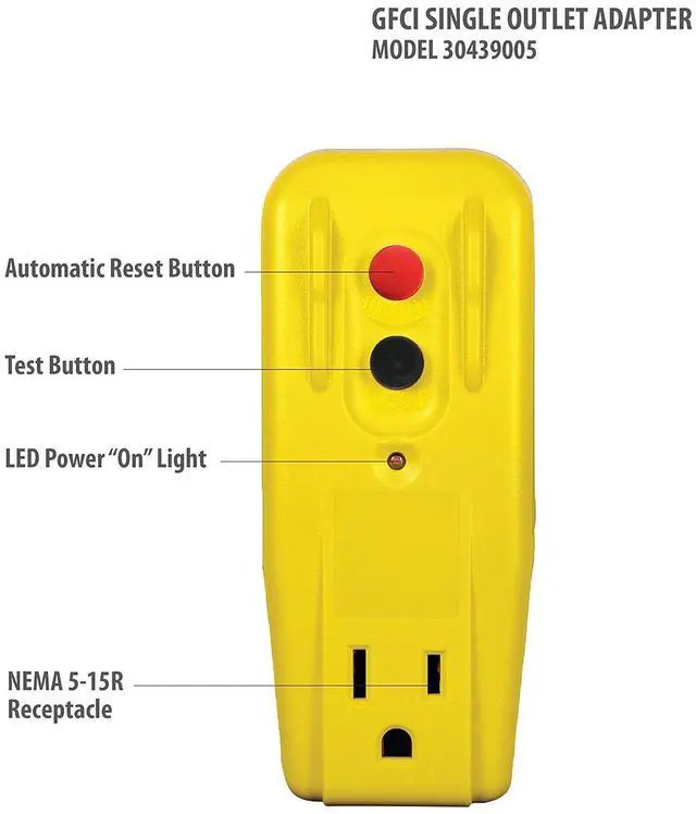 Alt view image 3 of 4 - Tower Manufacturing 30439005 Auto-Reset 15 AMP Grounded 3-Prong GFCI Single Outlet Adapter, Yellow