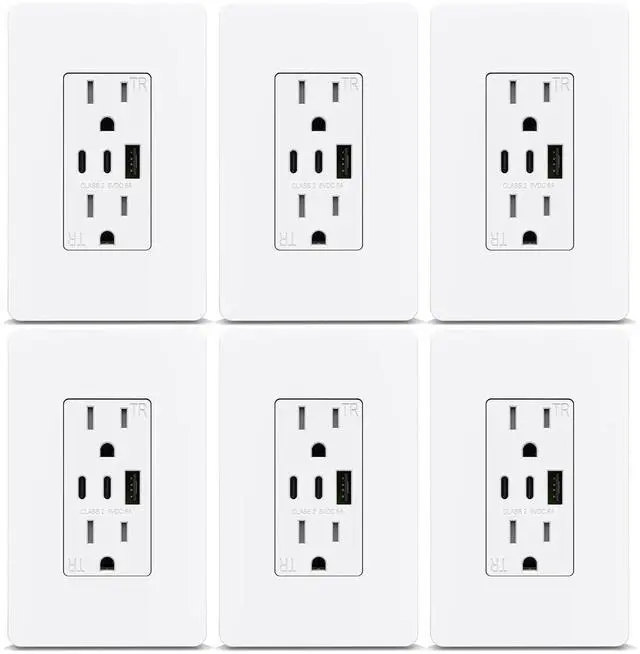Main image of ThunderWay USB Outlet Receptacle- 3-Port USB C Wall Outlet, 30W 6.0A USB Electrical Outlet, 15 Amp Tamper-Resistant Outlet with USB C Ports, ETL Listed, Screwless Wall Plate Included, 6 Pack, White