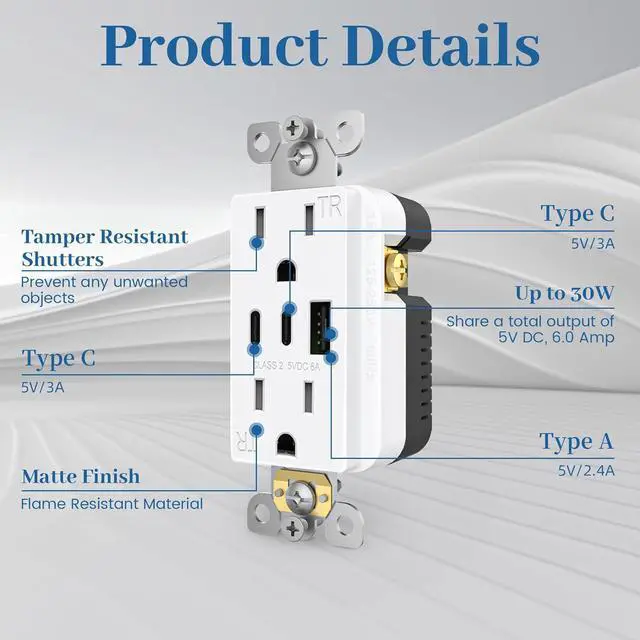Alt view image 3 of 7 - ThunderWay USB Outlet Receptacle- 3-Port USB C Wall Outlet, 30W 6.0A USB Electrical Outlet, 15 Amp Tamper-Resistant Outlet with USB C Ports, ETL Listed, Screwless Wall Plate Included, 6 Pack, White