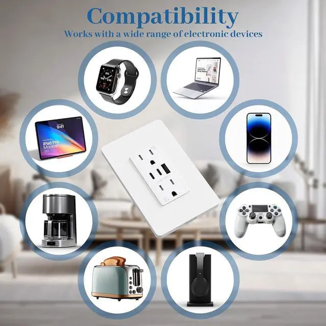 Alt view image 7 of 7 - ThunderWay USB Outlet Receptacle- 3-Port USB C Wall Outlet, 30W 6.0A USB Electrical Outlet, 15 Amp Tamper-Resistant Outlet with USB C Ports, ETL Listed, Screwless Wall Plate Included, 6 Pack, White