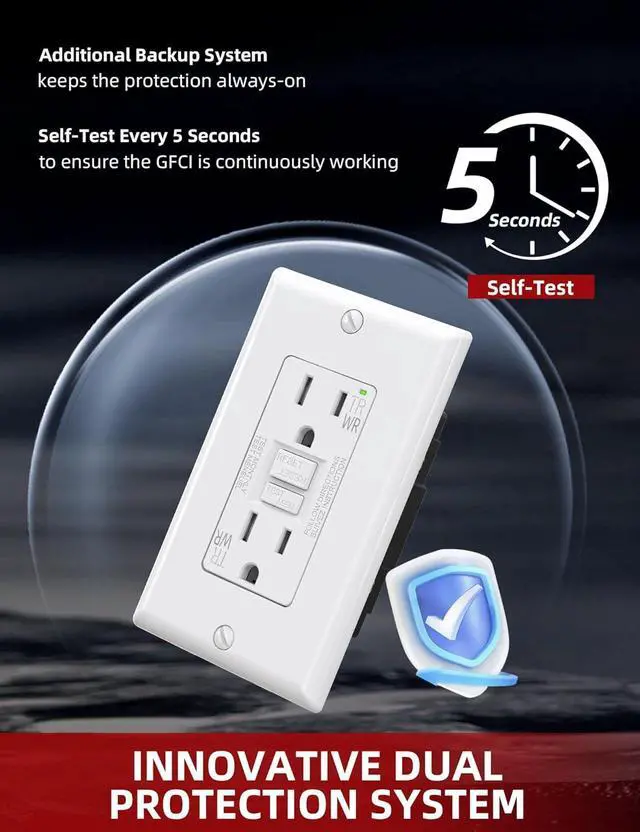 Alt view image 2 of 7 - AIDA GFCI Outlet 15 Amp, Self-Test Electrical Outlet, GFI Tamper & Weather Resistant Receptacle with LED Indicator, Ground Fault Circuit Interrupters, Wall Plate Included, UL Listed, White (1 Pack)