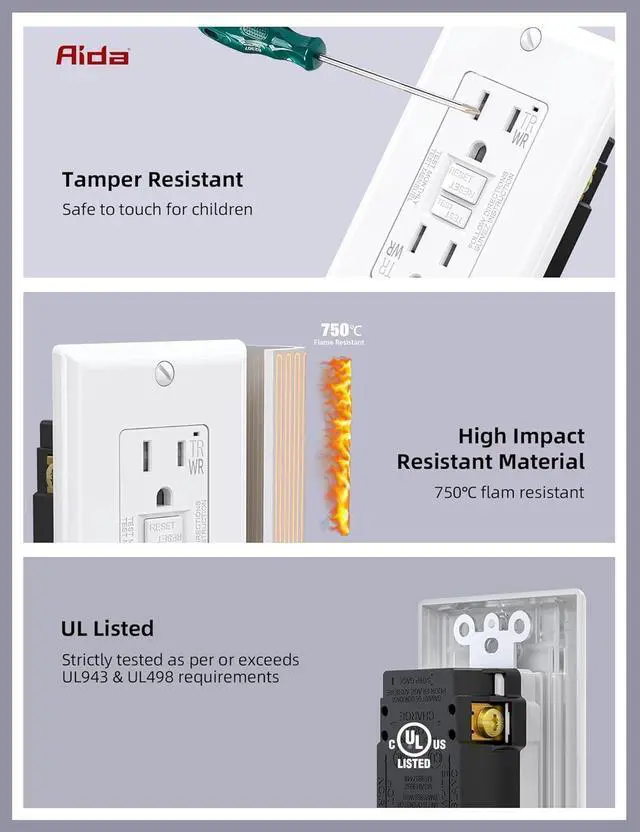 Alt view image 4 of 7 - AIDA GFCI Outlet 15 Amp, Self-Test Electrical Outlet, GFI Tamper & Weather Resistant Receptacle with LED Indicator, Ground Fault Circuit Interrupters, Wall Plate Included, UL Listed, White (1 Pack)