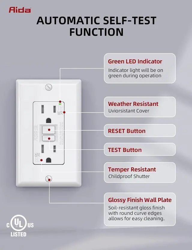 Alt view image 5 of 7 - AIDA GFCI Outlet 15 Amp, Self-Test Electrical Outlet, GFI Tamper & Weather Resistant Receptacle with LED Indicator, Ground Fault Circuit Interrupters, Wall Plate Included, UL Listed, White (1 Pack)