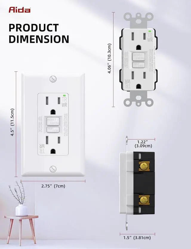 Alt view image 6 of 7 - AIDA GFCI Outlet 15 Amp, Self-Test Electrical Outlet, GFI Tamper & Weather Resistant Receptacle with LED Indicator, Ground Fault Circuit Interrupters, Wall Plate Included, UL Listed, White (1 Pack)
