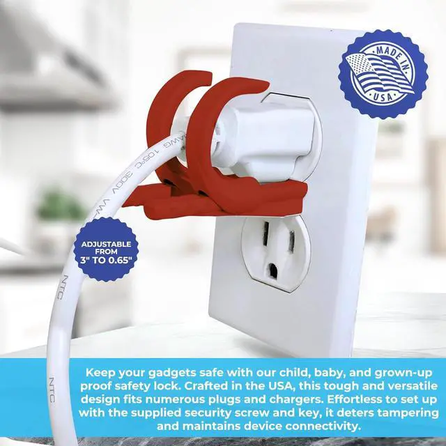 Alt view image 2 of 7 - Lock Socket Adjustable Outlet Lock - Red | Anti-Theft, Child-Safe Plug Lock | Secures 2 or 3 Pronged Plug & Adaptors, Includes Security Screw & Allen Wrench | Secure Lock for Most Cords | Made in USA