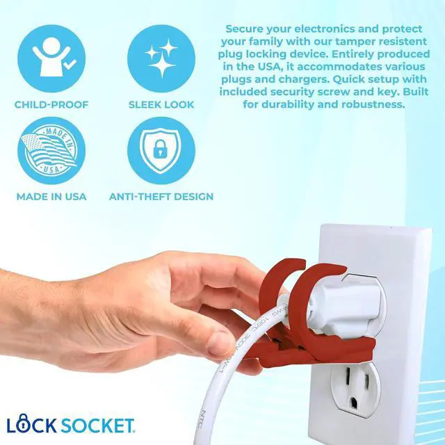 Alt view image 3 of 7 - Lock Socket Adjustable Outlet Lock - Red | Anti-Theft, Child-Safe Plug Lock | Secures 2 or 3 Pronged Plug & Adaptors, Includes Security Screw & Allen Wrench | Secure Lock for Most Cords | Made in USA