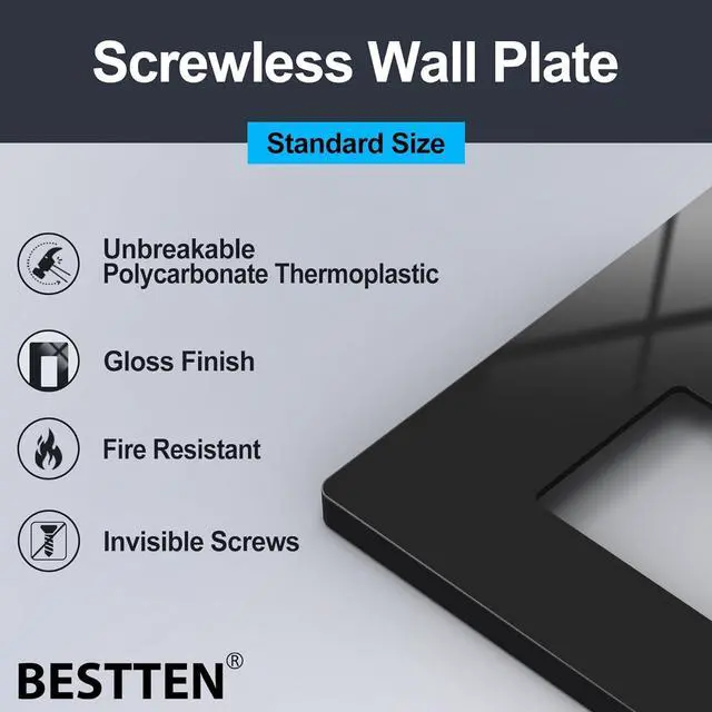 Alt view image 2 of 7 - BESTTEN 10 Pack 2-Gang Black Screwless Wall Plate, Decor Outlet Cover, Decorative Switch Plate, Decorator Switch Plate, Unbreakable Polycarbonate Wallplate, H4.69 x W4.73, Gloss