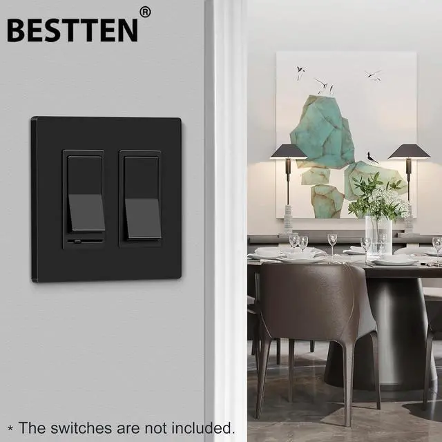 Alt view image 3 of 7 - BESTTEN 10 Pack 2-Gang Black Screwless Wall Plate, Decor Outlet Cover, Decorative Switch Plate, Decorator Switch Plate, Unbreakable Polycarbonate Wallplate, H4.69 x W4.73, Gloss