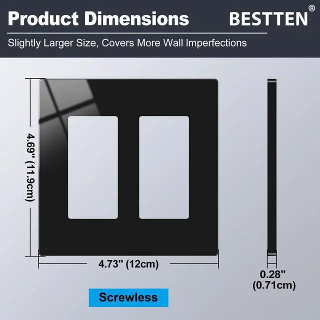 Alt view image 5 of 7 - BESTTEN 10 Pack 2-Gang Black Screwless Wall Plate, Decor Outlet Cover, Decorative Switch Plate, Decorator Switch Plate, Unbreakable Polycarbonate Wallplate, H4.69 x W4.73, Gloss