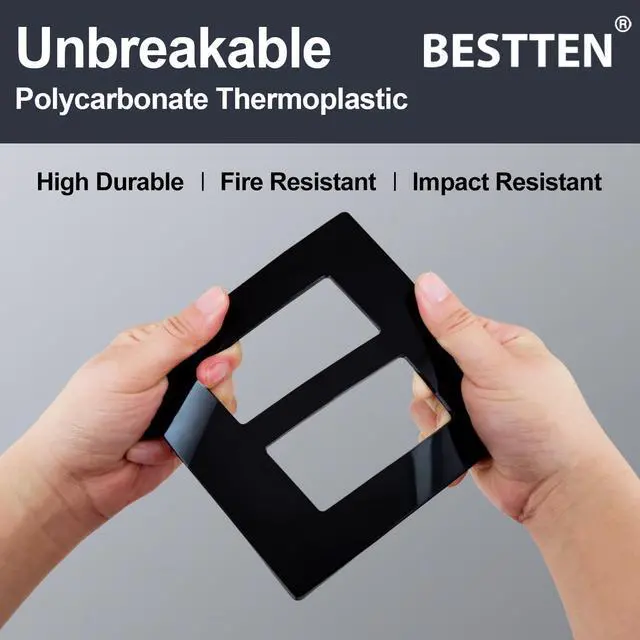 Alt view image 4 of 7 - BESTTEN 10 Pack 2-Gang Black Screwless Wall Plate, Decor Outlet Cover, Decorative Switch Plate, Decorator Switch Plate, Unbreakable Polycarbonate Wallplate, H4.69 x W4.73, Gloss