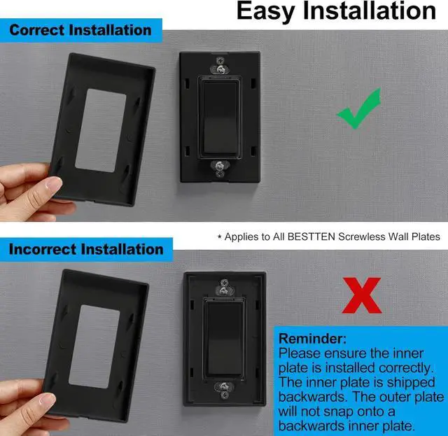 Alt view image 7 of 7 - BESTTEN 10 Pack 2-Gang Black Screwless Wall Plate, Decor Outlet Cover, Decorative Switch Plate, Decorator Switch Plate, Unbreakable Polycarbonate Wallplate, H4.69 x W4.73, Gloss