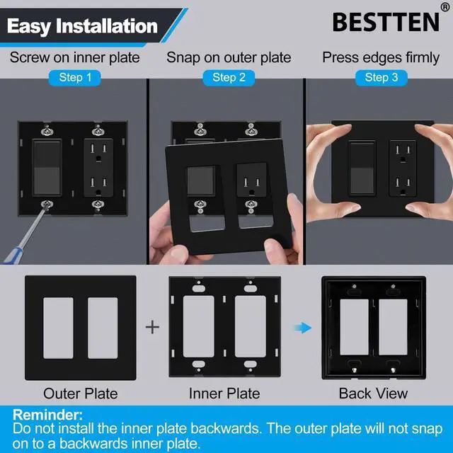 Alt view image 6 of 7 - BESTTEN 10 Pack 2-Gang Black Screwless Wall Plate, Decor Outlet Cover, Decorative Switch Plate, Decorator Switch Plate, Unbreakable Polycarbonate Wallplate, H4.69 x W4.73, Gloss