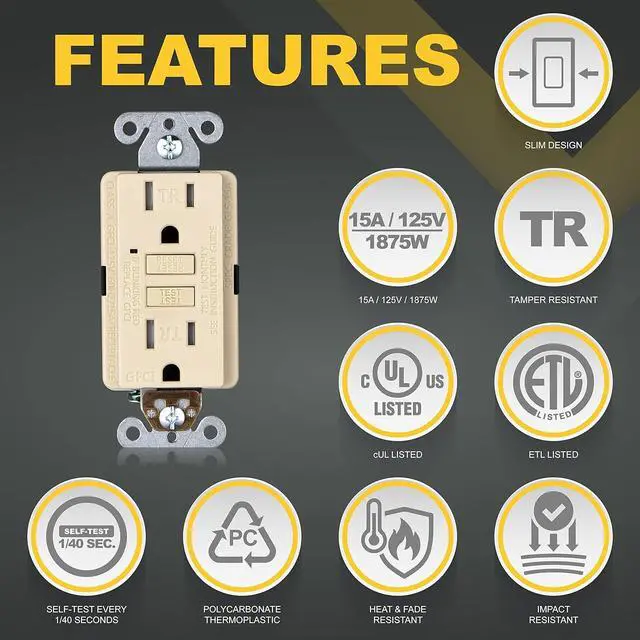Alt view image 3 of 7 - Faith 15A GFCI Outlets, ETL Listed, Tamper-Resistant GFI Duplex Receptacles with LED Indicator, Self-Test Ground Fault Circuit Interrupter, Ivory, 3 Piece