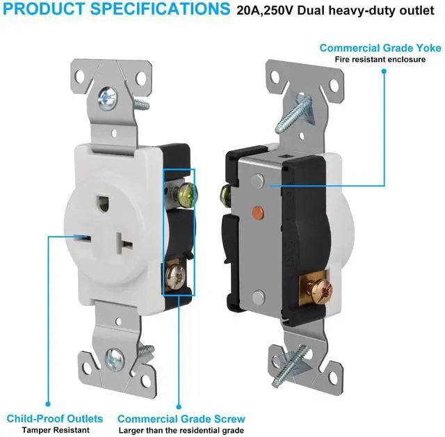 Alt view image 2 of 6 - Single 20Amp 250V Wall Outlet Straight Blade Receptacle, 2 Pole 3 Wire, NEMA 6-20R/6-15R, White, 5 Pack