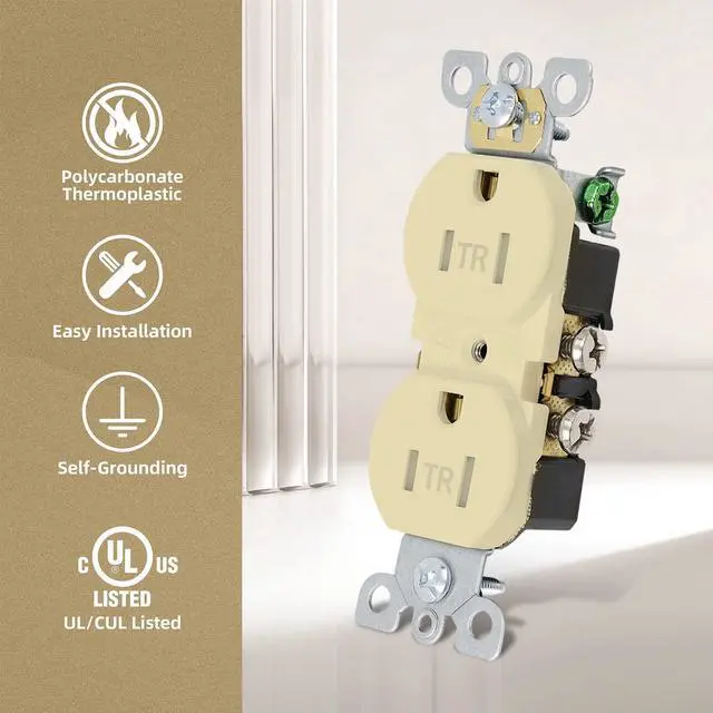 Alt view image 4 of 7 - ThunderWay Duplex Receptacle Outlet, Tamper-Resistant, 15A 125V Electrical Wall Outlets, 2 Pole 3 Wire, Residential Grade, Self-Grounding, UL Listed, (10 Pack) (Ivory)