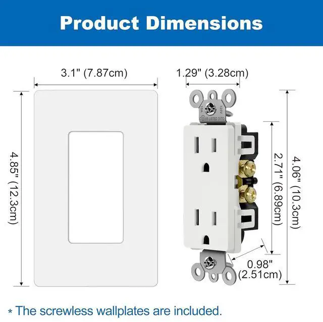 Alt view image 7 of 7 - BESTTEN Decorator Receptacle Outlet with Mid-Size Screwless Wallplate, 15 Amp Standard Electrical Wall Outlet, Tamper Resistant, Commercial and Residential Use, UL Listed, 10 Pack, White