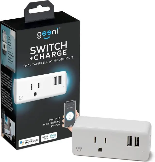 Main image of Geeni Switch + Charge Multi Port Smart Wi-Fi Plug with 2 USB Ports, Energy Saving Outlet with Power Monitoring and App Control, Compatible with Alexa and Google Home (GN-WW131-199)